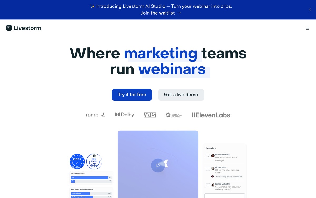 Livestorm webinar platform homepage