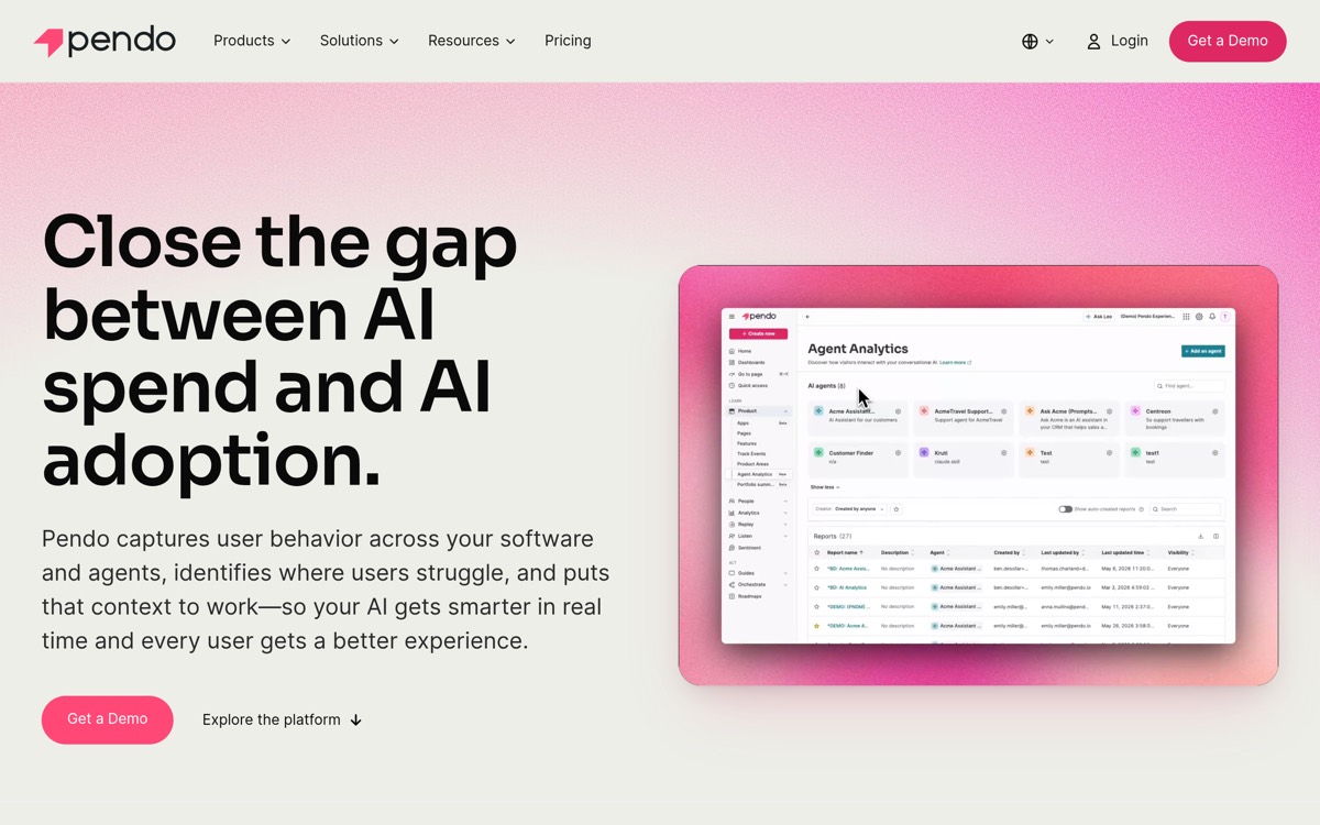 Pendo product experience platform homepage