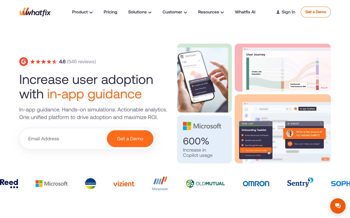 Whatfix digital adoption platform homepage